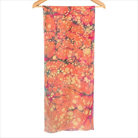Exquisite Water Marbled Silk Chiffon Scarf in Orange Pink Gray Gold 12.25"x59.5" - Picture 3 of 6